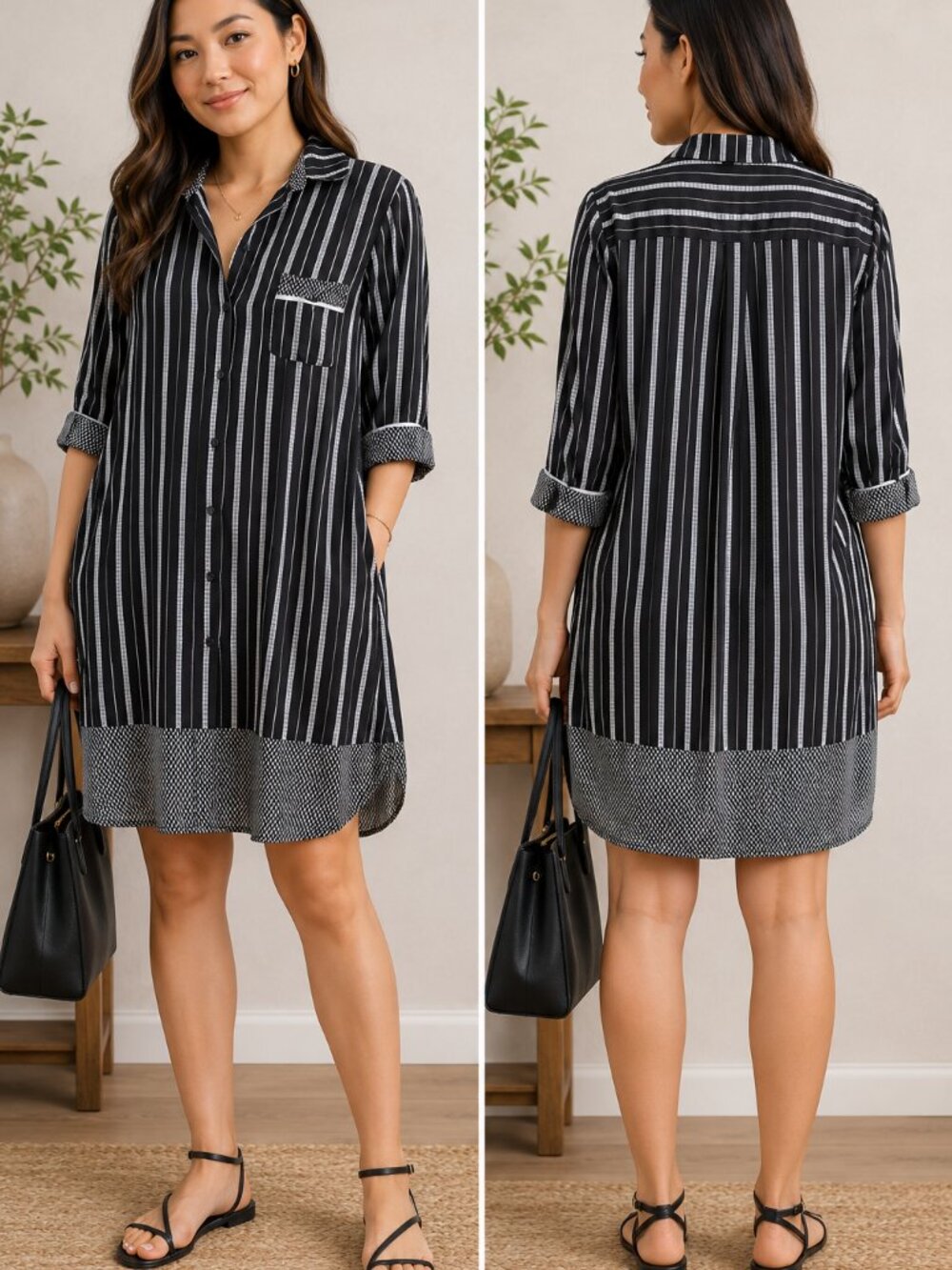 DKNY Black White Striped Shirt Dress Size M